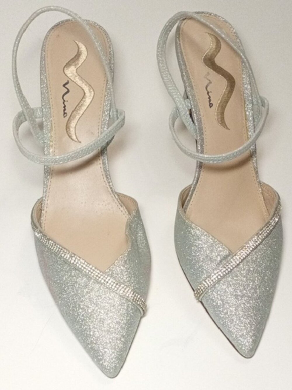 Nina Silver Glitter Pointed Toe Strappy Heels Mid Heel Shoes Size 10M